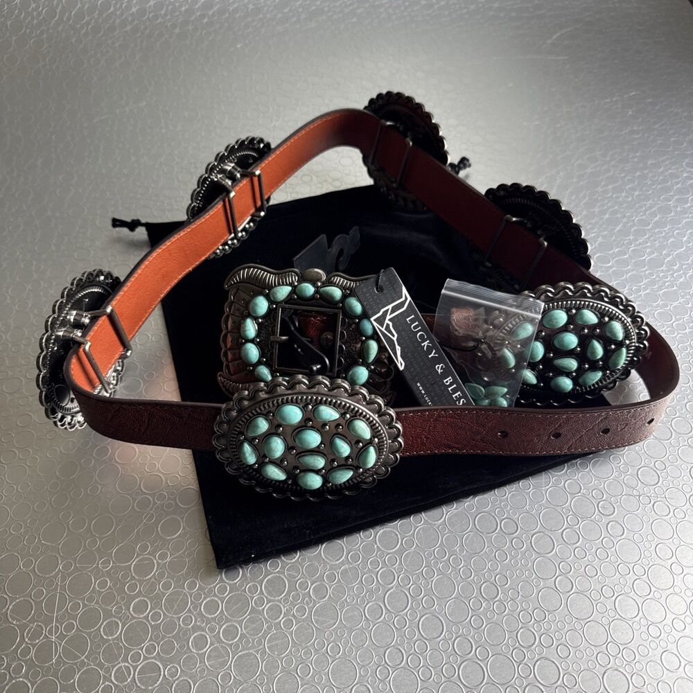 New Lucky & Blessed Turquoise Concho Leather Belt - M Size Runs Bigger Dust Bag